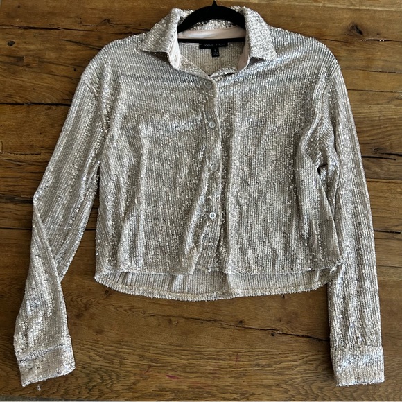 Boxy sparkle sequined button up blouse shirt silver nwot - Picture 5 of 5